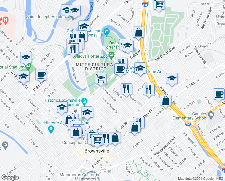 map of restaurants, bars, coffee shops, grocery stores, and more near 1338 East 8th Street in Brownsville