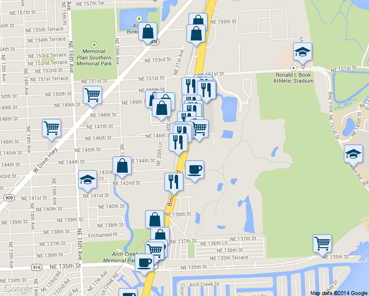 map of restaurants, bars, coffee shops, grocery stores, and more near 14510 Biscayne Boulevard in North Miami Beach