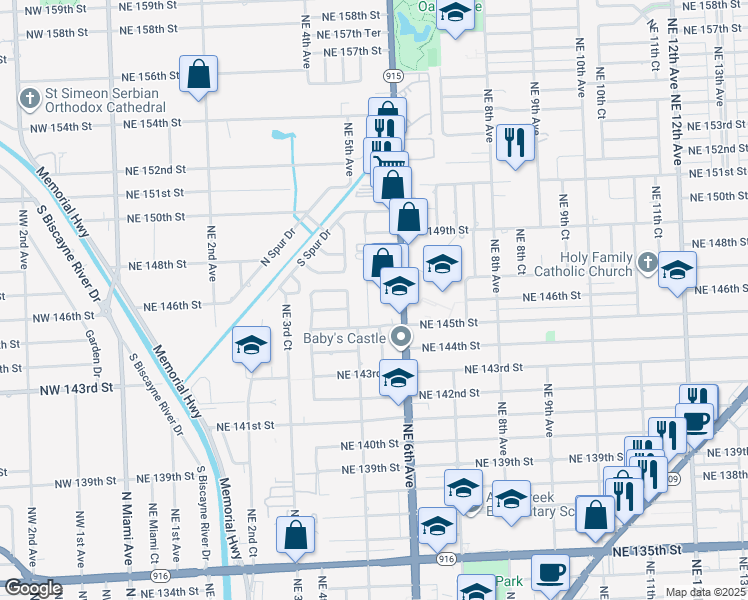 map of restaurants, bars, coffee shops, grocery stores, and more near 14601 Northeast 5th Court in Miami