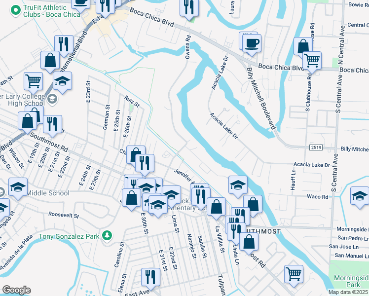 map of restaurants, bars, coffee shops, grocery stores, and more near 3646 East 30th Street in Brownsville