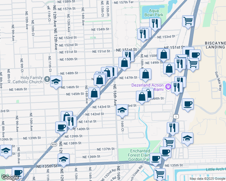 map of restaurants, bars, coffee shops, grocery stores, and more near 1595 Northeast 145th Street in Miami