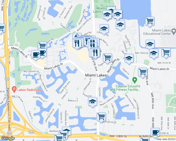 map of restaurants, bars, coffee shops, grocery stores, and more near 6730 Bull Run Road in Miami Lakes