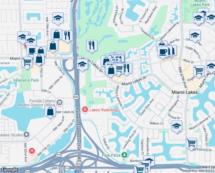 map of restaurants, bars, coffee shops, grocery stores, and more near 15003 Coconut Court in Miami Lakes