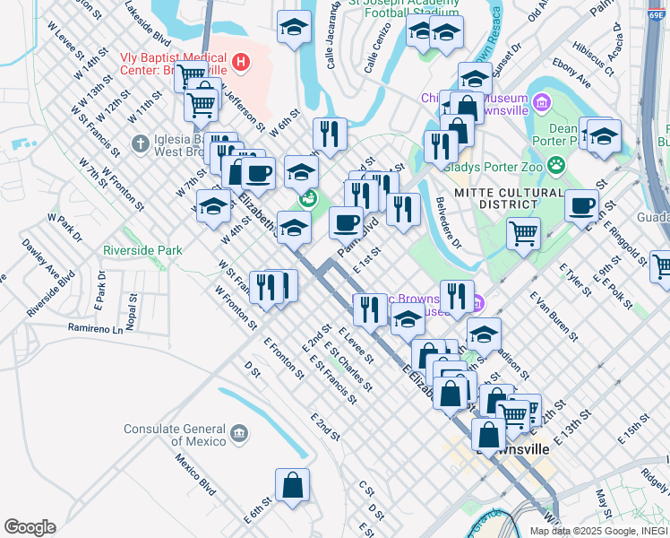 map of restaurants, bars, coffee shops, grocery stores, and more near 6 East Washington Street in Brownsville