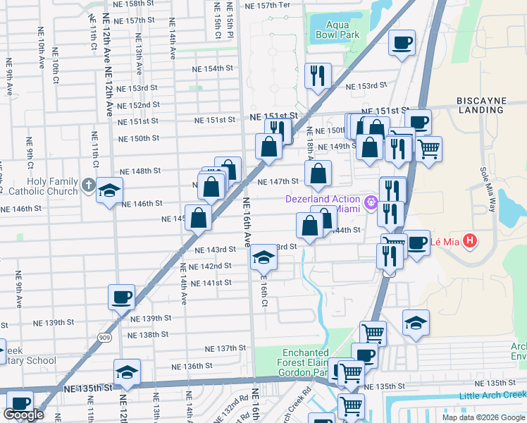 map of restaurants, bars, coffee shops, grocery stores, and more near 1655 Northeast 145th Street in Miami