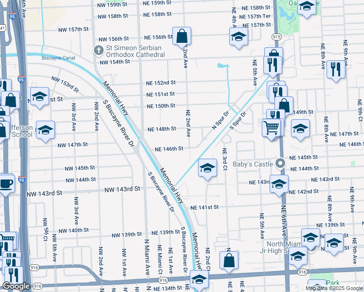map of restaurants, bars, coffee shops, grocery stores, and more near 155 Northeast 146th Street in Miami