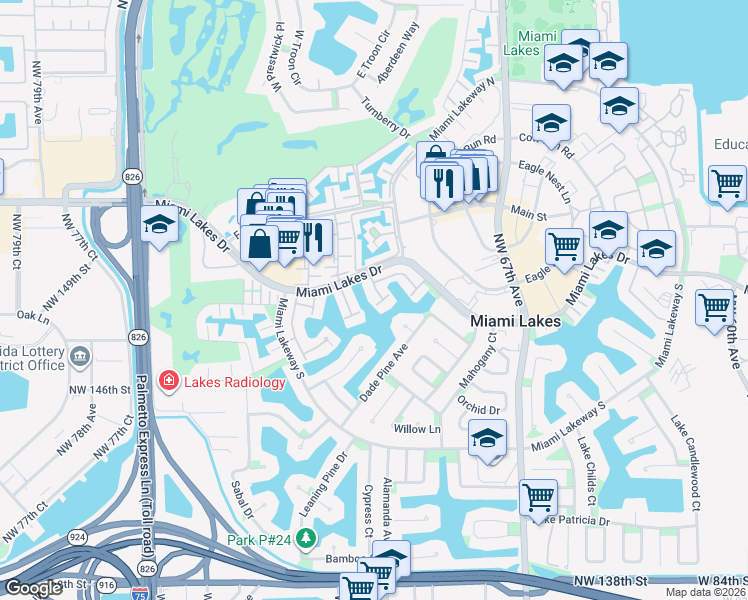 map of restaurants, bars, coffee shops, grocery stores, and more near 7008 Holly Road in Miami Lakes