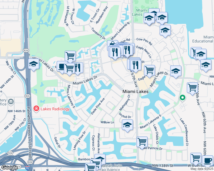 map of restaurants, bars, coffee shops, grocery stores, and more near 6914 Holly Road in Miami Lakes