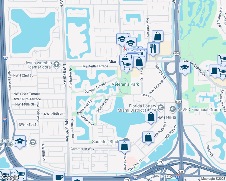 map of restaurants, bars, coffee shops, grocery stores, and more near 8299 Balgowan Road in Hialeah