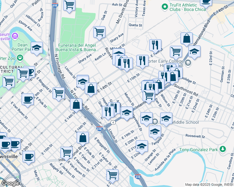 map of restaurants, bars, coffee shops, grocery stores, and more near 1518 Cleveland Street in Brownsville