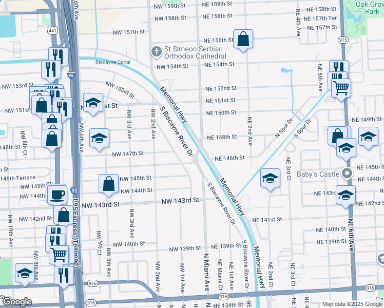 map of restaurants, bars, coffee shops, grocery stores, and more near 4675 South Biscayne River Drive in Miami
