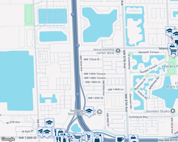 map of restaurants, bars, coffee shops, grocery stores, and more near 14966 Northwest 90th Court in Miami Lakes