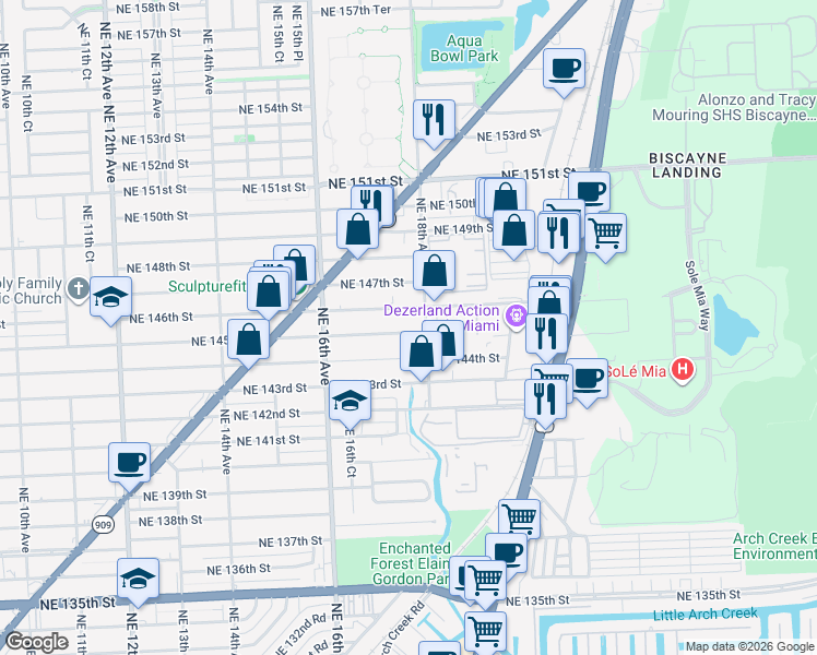 map of restaurants, bars, coffee shops, grocery stores, and more near 1743 Northeast 145th Street in North Miami