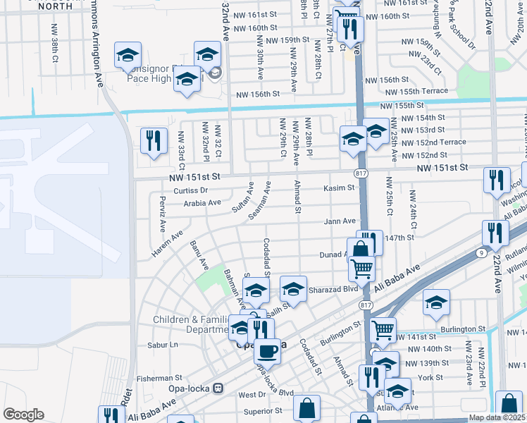map of restaurants, bars, coffee shops, grocery stores, and more near 175 Seaman Avenue in Opa-locka