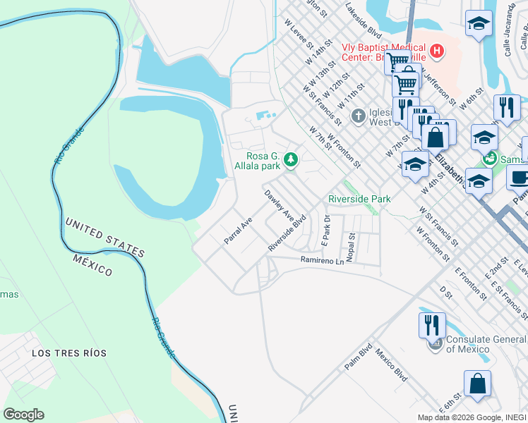 map of restaurants, bars, coffee shops, grocery stores, and more near 443 Parral Avenue in Brownsville