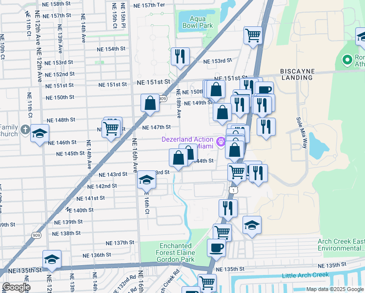 map of restaurants, bars, coffee shops, grocery stores, and more near 14519 Northeast 18th Avenue in North Miami