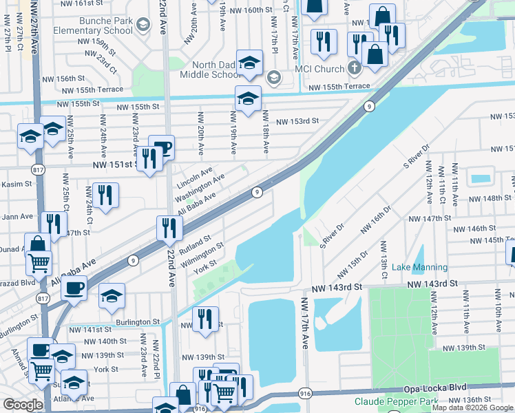 map of restaurants, bars, coffee shops, grocery stores, and more near 1871 Rutland Street in Opa-locka