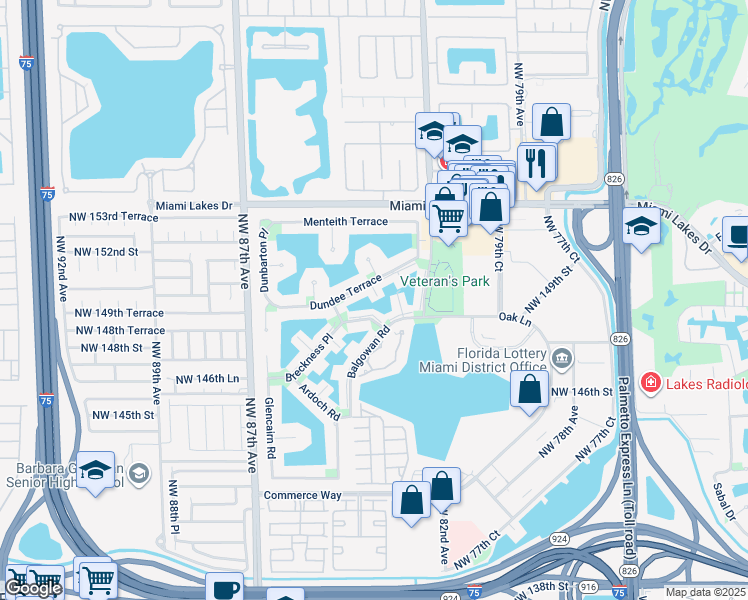 map of restaurants, bars, coffee shops, grocery stores, and more near 8350 Dundee Terrace in Miami Lakes