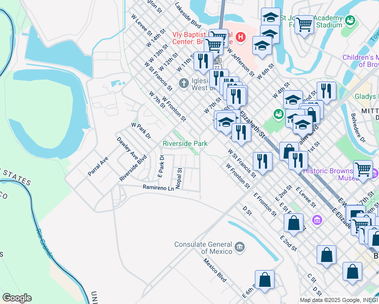 map of restaurants, bars, coffee shops, grocery stores, and more near 358 Granjeno Avenue in Brownsville