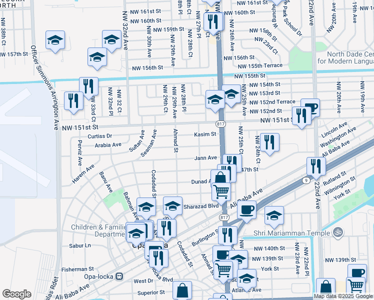 map of restaurants, bars, coffee shops, grocery stores, and more near 1230 Peri Street in Opa-locka