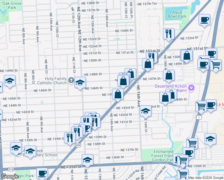 map of restaurants, bars, coffee shops, grocery stores, and more near 1453 Northeast 145th Street in North Miami