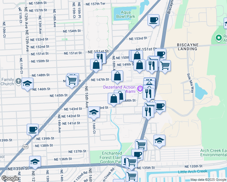 map of restaurants, bars, coffee shops, grocery stores, and more near 14519 Northeast 18th Avenue in North Miami