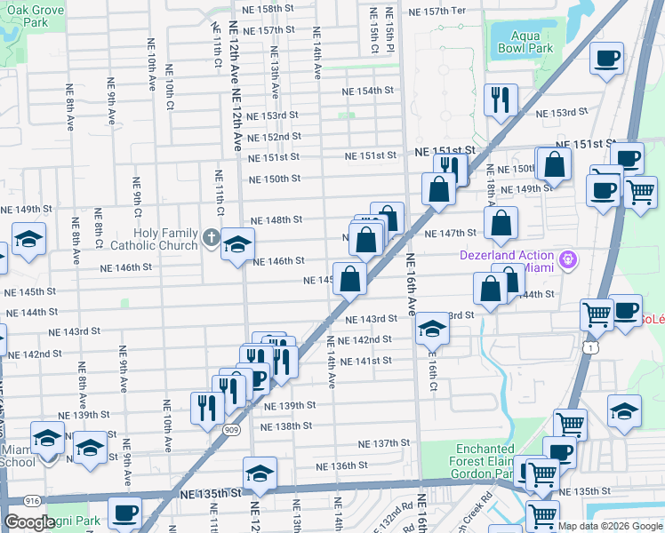 map of restaurants, bars, coffee shops, grocery stores, and more near 1453 Northeast 145th Street in North Miami