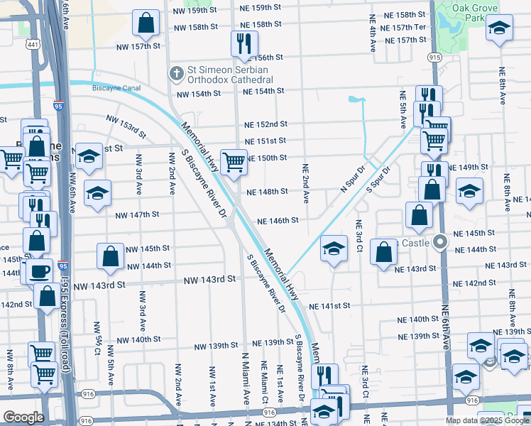 map of restaurants, bars, coffee shops, grocery stores, and more near 91 Northeast 146th Street in Miami
