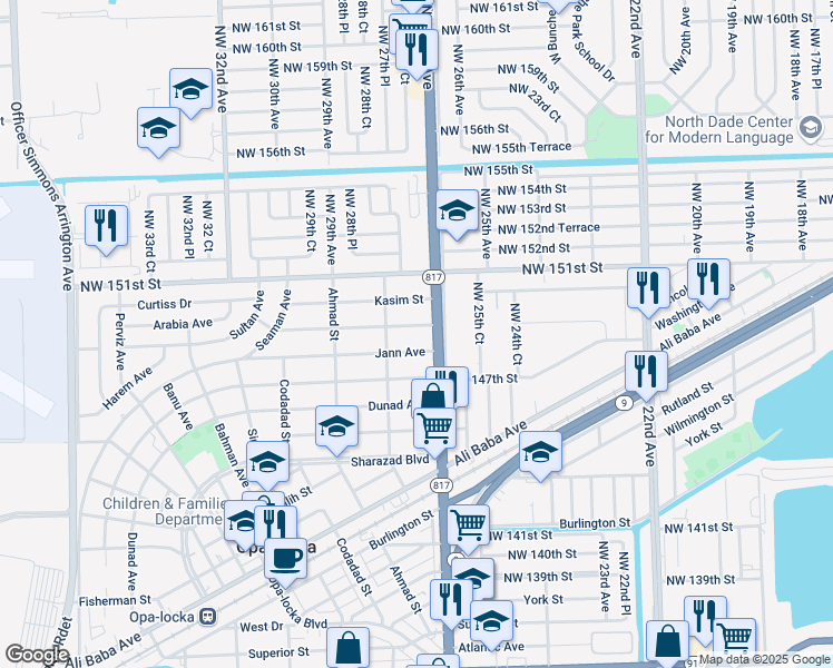 map of restaurants, bars, coffee shops, grocery stores, and more near 1320 Peri Street in Opa-locka
