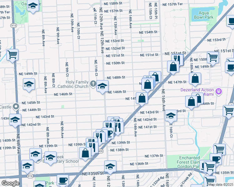 map of restaurants, bars, coffee shops, grocery stores, and more near 1290 Northeast 146th Street in Miami