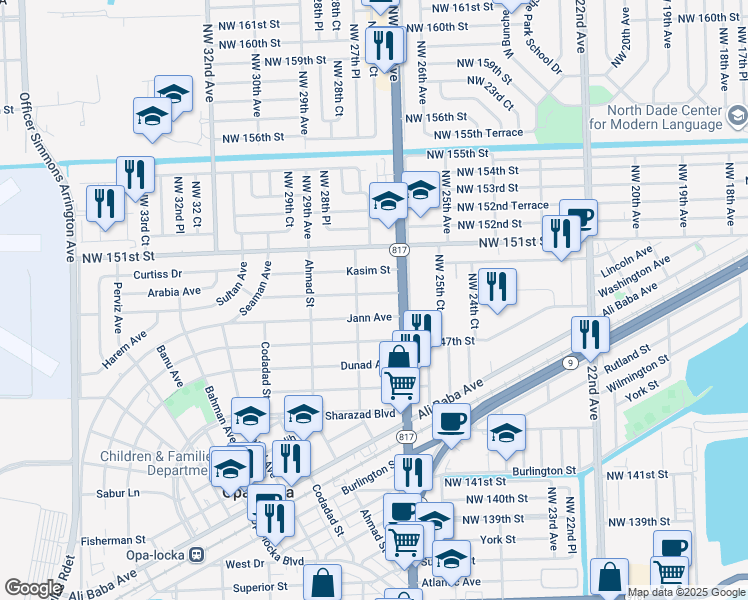 map of restaurants, bars, coffee shops, grocery stores, and more near 1320 Peri Street in Opa-locka