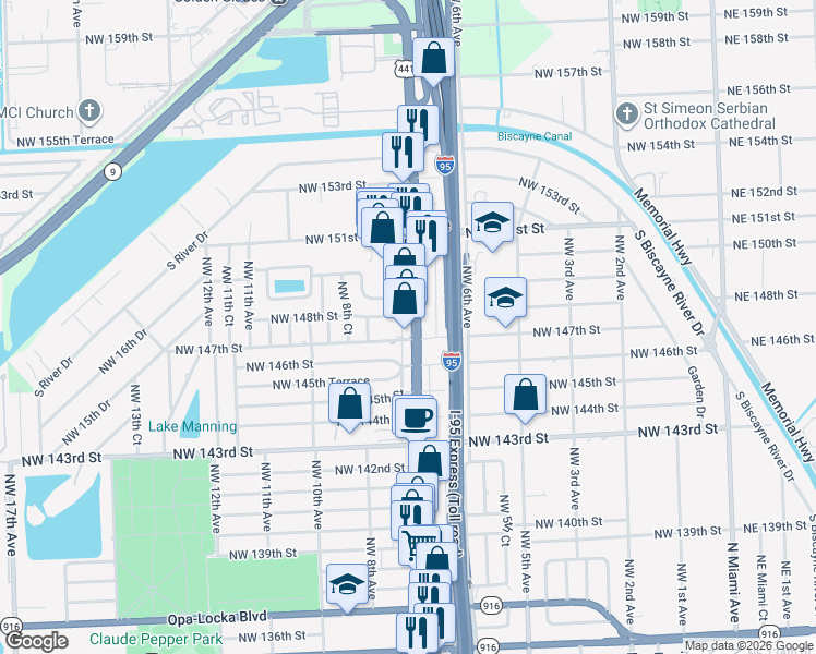 map of restaurants, bars, coffee shops, grocery stores, and more near 731 Northwest 147th Street in Miami