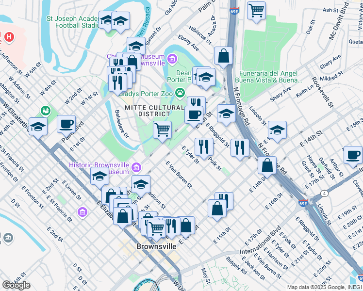 map of restaurants, bars, coffee shops, grocery stores, and more near 1338 East 8th Street in Brownsville