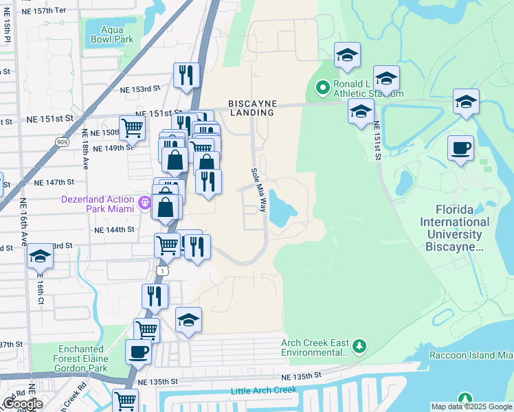map of restaurants, bars, coffee shops, grocery stores, and more near 2201 Sole Mia Square Lane in North Miami