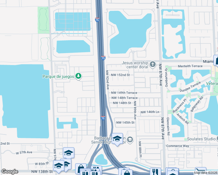 map of restaurants, bars, coffee shops, grocery stores, and more near 14949 Northwest 92nd Avenue in Miami Lakes