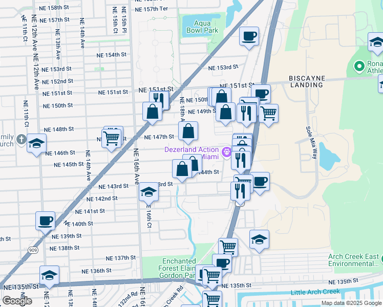 map of restaurants, bars, coffee shops, grocery stores, and more near 14519 Northeast 18th Avenue in North Miami