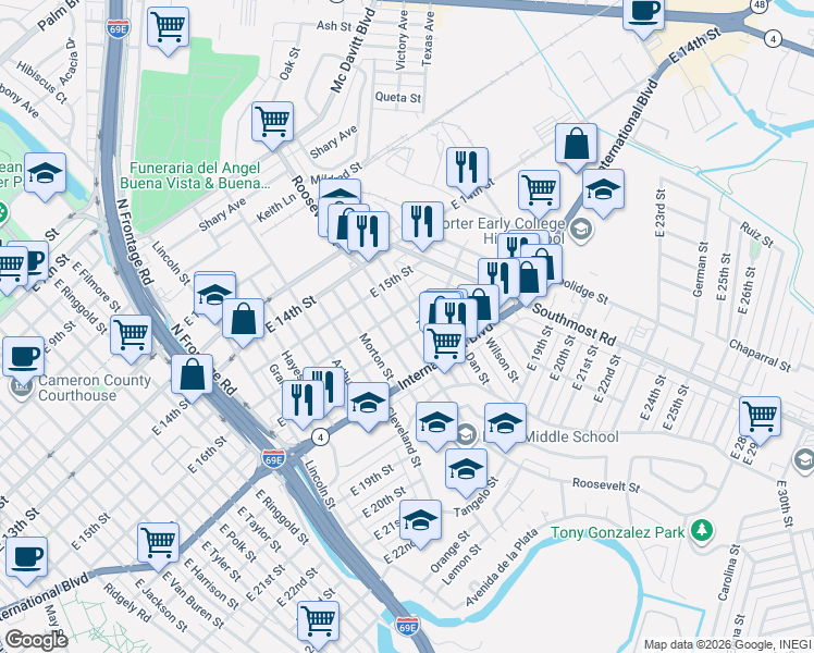 map of restaurants, bars, coffee shops, grocery stores, and more near 2800-2898 East 17th Street in Brownsville