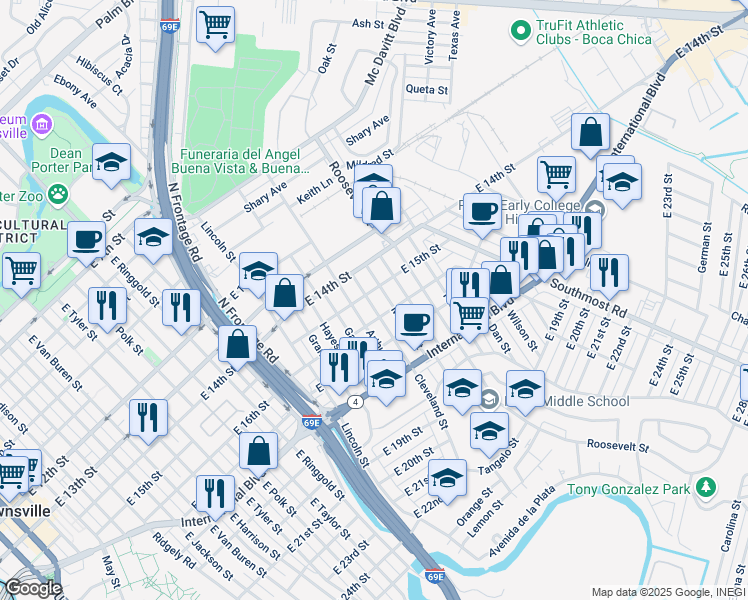 map of restaurants, bars, coffee shops, grocery stores, and more near 1518 Cleveland Street in Brownsville