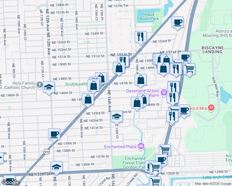 map of restaurants, bars, coffee shops, grocery stores, and more near 1655 Northeast 145th Street in Miami