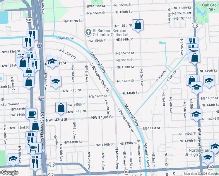 map of restaurants, bars, coffee shops, grocery stores, and more near 4675 South Biscayne River Drive in Miami