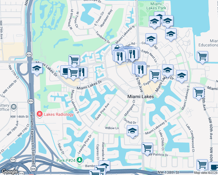 map of restaurants, bars, coffee shops, grocery stores, and more near 6914 Holly Road in Miami Lakes
