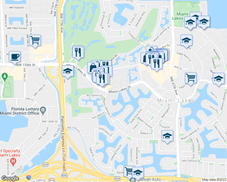 map of restaurants, bars, coffee shops, grocery stores, and more near 7203 Jacaranda Lane in Hialeah