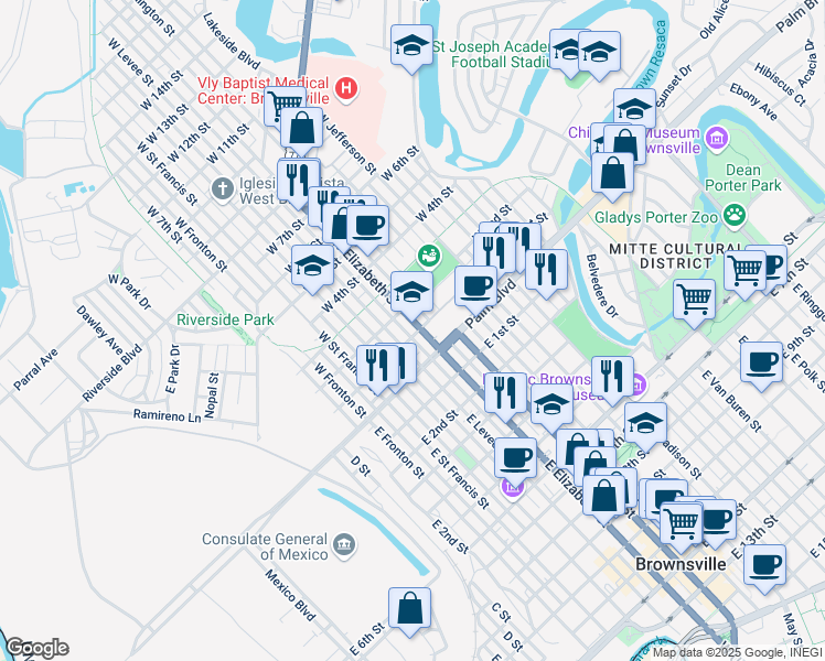 map of restaurants, bars, coffee shops, grocery stores, and more near 105 West Elizabeth Street in Brownsville
