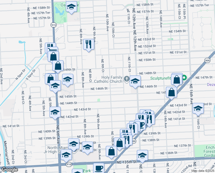 map of restaurants, bars, coffee shops, grocery stores, and more near 985 Northeast 146th Street in North Miami