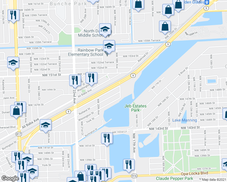 map of restaurants, bars, coffee shops, grocery stores, and more near 1860 Service Road in Opa-locka