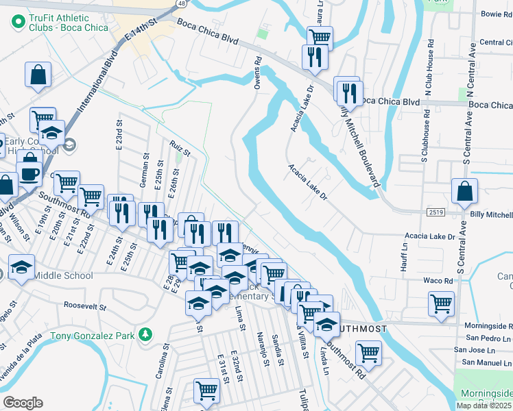map of restaurants, bars, coffee shops, grocery stores, and more near 3646 East 30th Street in Brownsville