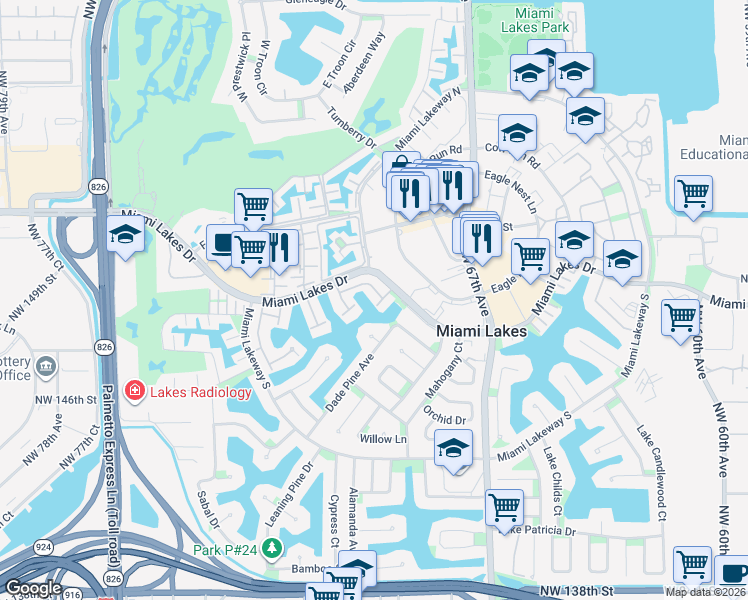 map of restaurants, bars, coffee shops, grocery stores, and more near 6914 Holly Road in Miami Lakes