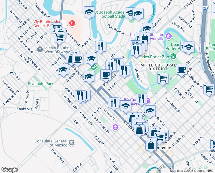 map of restaurants, bars, coffee shops, grocery stores, and more near 124 East Adams Street in Brownsville