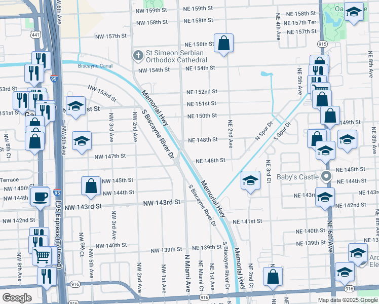 map of restaurants, bars, coffee shops, grocery stores, and more near 14663 Memorial Highway in Miami