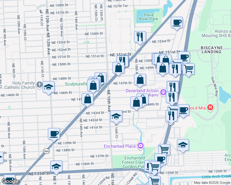 map of restaurants, bars, coffee shops, grocery stores, and more near 1655 Northeast 145th Street in Miami